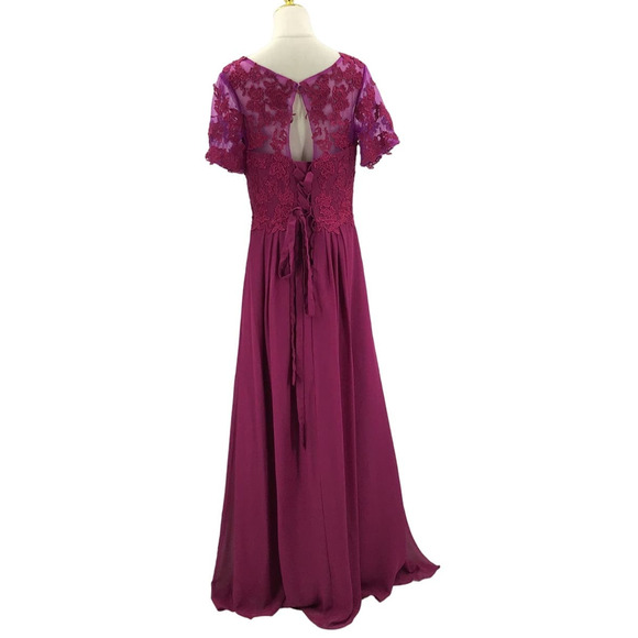 MOTHER OF THE BRIDE 12 L magenta purple embroidered lace up maxi dress NEW B55 - Picture 2 of 7